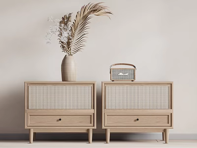 Wooden Bedside Nightstands With Rattan Panels Drawer Vase And Radio Decor 3d model