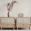 Wooden Bedside Nightstands With Rattan Panels Drawer Vase And Radio Decor