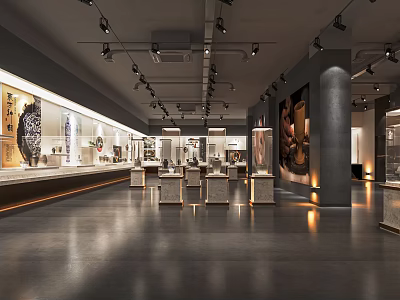 Cultural Center Spacious Interior With Display Cases Wall Exhibits And Modern Lighting 3d model