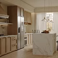 Modern Light Toned Kitchen With Wooden Cabinets White Island Refrigerator And Dining Chairs