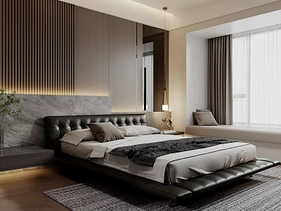 Modern Bedroom with Black Leather Bed Gray White Bedding Wooden Paneled Wall and Window Seat 3d model
