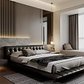 Modern Bedroom with Black Leather Bed Gray White Bedding Wooden Paneled Wall and Window Seat