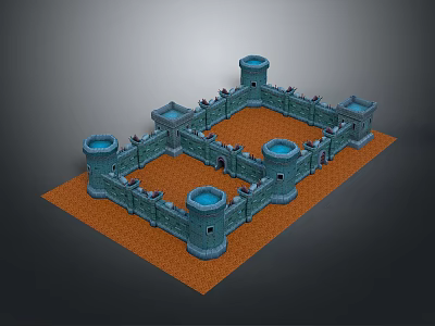 3D Medieval Castle Model With Square Structure Blue Towers And Orange Ground 3d model