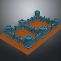 3D Medieval Castle Model With Square Structure Blue Towers And Orange Ground 3d model