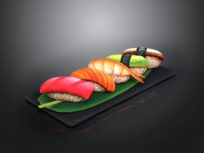 Assorted Fresh Sushi with Tuna Salmon Avocado on Black Slate Plate with Green Leaf 3d model