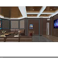 Luxury KTV Room Interior With Textured Walls Brown Leather Sofa And Blue LED Lighting