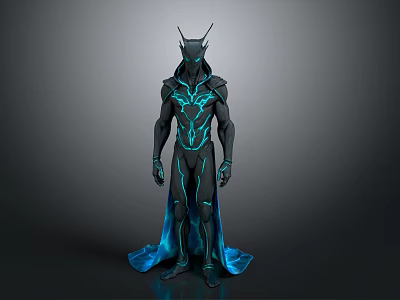 Sci Fi Character 3D Model With Black Suit Blue Glowing Lines Head Antennae And Cape 3d model
