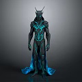 Sci Fi Character 3D Model With Black Suit Blue Glowing Lines Head Antennae And Cape