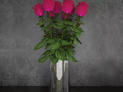Clear Glass Vase With Pink Roses and Green Leaves Against Gray Wall on Dark Tabletop 3d model