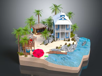 Two Story Blue White Beach House Featuring Palm Trees Sandy Beach Waterfront And Red Umbrella 3d model