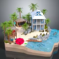 Two Story Blue White Beach House Featuring Palm Trees Sandy Beach Waterfront And Red Umbrella