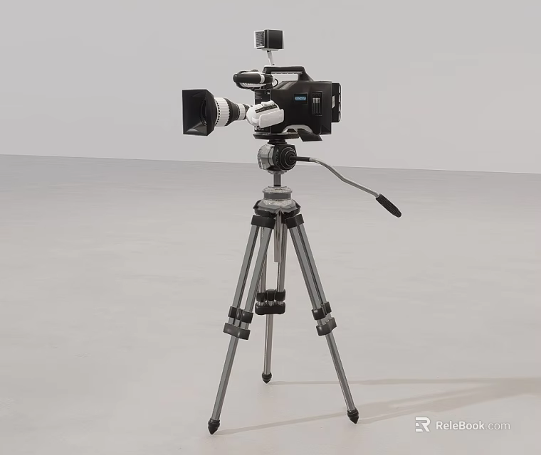Professional Video Camera Mounted On Tripod Stand With Lens And Microphone 3d model