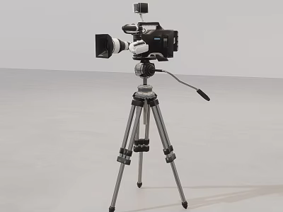 Professional Video Camera Mounted On Tripod Stand With Lens And Microphone 3d model