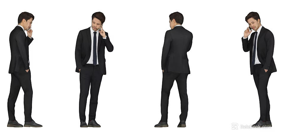 Professional Businessman In Black Suit With Tie Front And Back Views Talking On Phone 3d model 