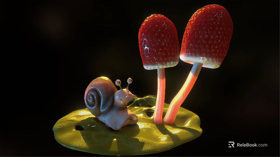 Cute Snail Crawling on Green Leaf with Two Red Mushrooms 3d model 