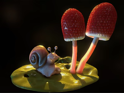 Cute Snail Crawling on Green Leaf with Two Red Mushrooms 3d model