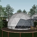 Geodesic Domes in Wooded Area with Elevated Platforms and Surrounding Trees 3d model