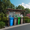 Public Facility Waste Collection Pavilion With Sorted Trash Bins And Surrounding Greenery 3d model