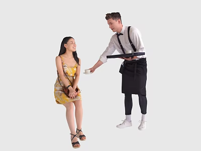 Waiter In Apron Serving Drink To Sitting Woman In Yellow Dress 3d model