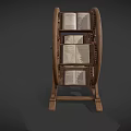 Wooden Wheel Shaped Bookcase With Gear Mechanism Holding Books On Rotating Frame And Stand Base