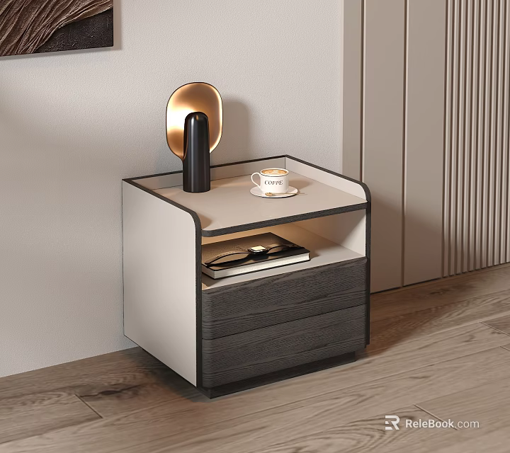 Modern White and Dark Gray Nightstand With Drawer Lamp Teacup and Books 3d model 