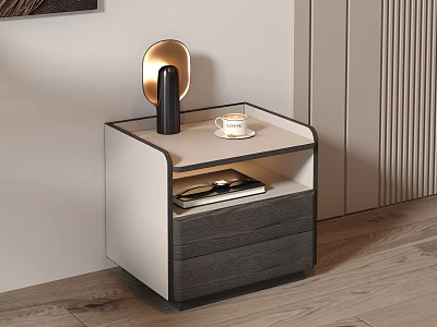 Modern White and Dark Gray Nightstand With Drawer Lamp Teacup and Books 3d model