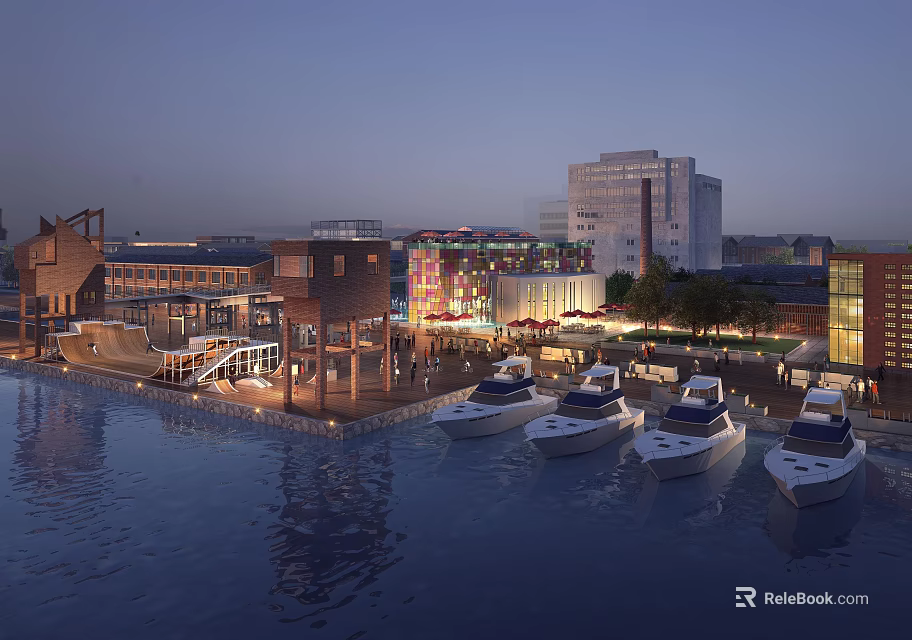 Scenic Waterfront Night View With Illuminated Buildings And Moored Boats Reflections 3d model 
