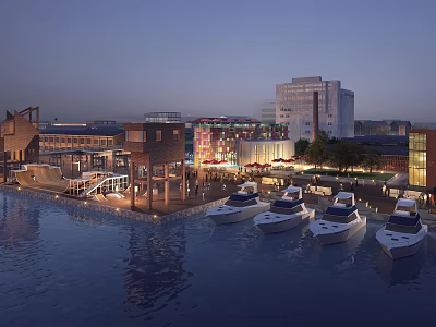 Scenic Waterfront Night View With Illuminated Buildings And Moored Boats Reflections 3d model