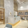 Elegant Wedding Dress Store Interior With Marble Reception Counter And Chandelier Lighting