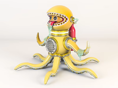 Yellow Octopus Character In Diving Suit With Red Air Tank And Tentacles 3d model