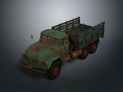 Vintage Green Rusty Truck Featuring Open Bed And Large Off Road Tires 3d model