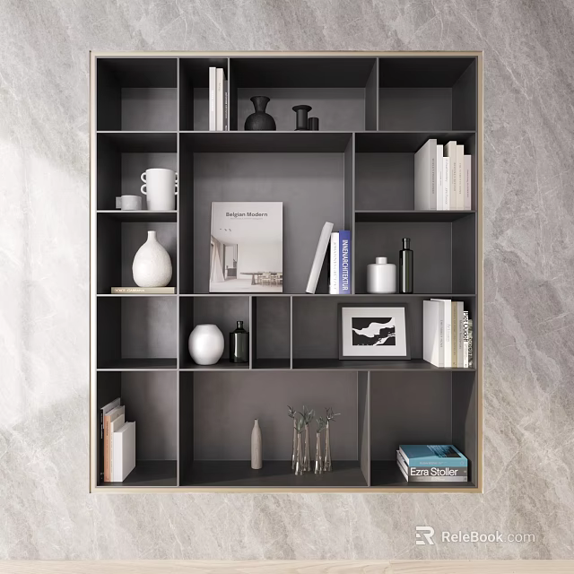 Modern Multi Compartment Bookcase With Books Vases Photo Frame And Decorative Items 3d model