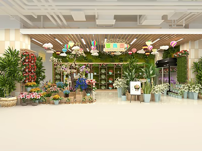 Flower Shop With Various Fresh Flowers Potted Plants Green Wall Decor And Balloons 3d model