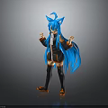 3D Anime Cat Ear Character With Blue Long Hair Black And Orange Outfit Standing Pose