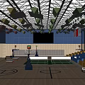 Basketball Gymnasium Interior With Colorful Geometric Pendant Lights Wooden Walls And Large Screen