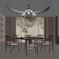 New Chinese-style private room restaurant private room balcony dining table and chair chandelier background wall 3d model
