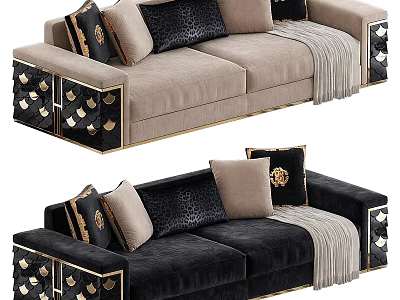 Leisure Sofa Set Beige and Black with Decorative Pillows Gold Accented Legs and Throw Blanket 3d model