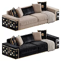 Leisure Sofa Set Beige and Black with Decorative Pillows Gold Accented Legs and Throw Blanket