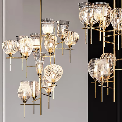 Elegant Modern Chandelier With Glass Shades And Gold Metal Frame Design 3d model