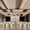 Spacious Modern Luxury Hotel Banquet Hall With Neatly Arranged Dining Tables And Chairs