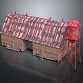 Traditional Wooden Building With Striped Roof Red Water Tower And Leaning Ladder
