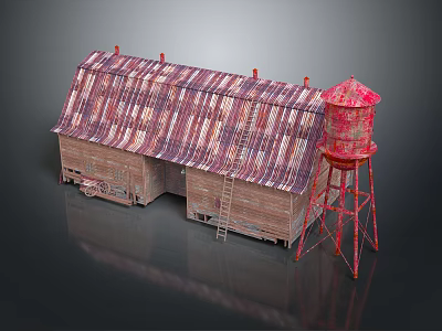 Traditional Wooden Building With Striped Roof Red Water Tower And Leaning Ladder 3d model