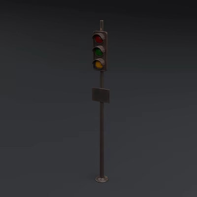 Urban Public Traffic Light With Red Yellow Green Lights On Metal Pole And Small Sign 3d model