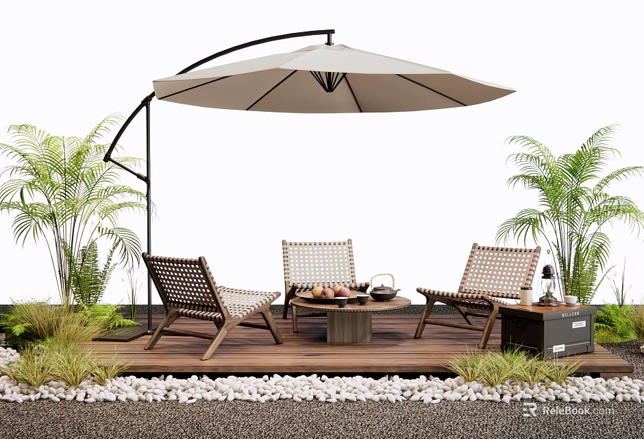 Stylish Rattan Outdoor Chairs with Large Umbrella on Wooden Deck and Potted Plants 3d model 