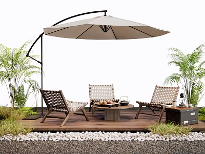 Stylish Rattan Outdoor Chairs with Large Umbrella on Wooden Deck and Potted Plants 3d model