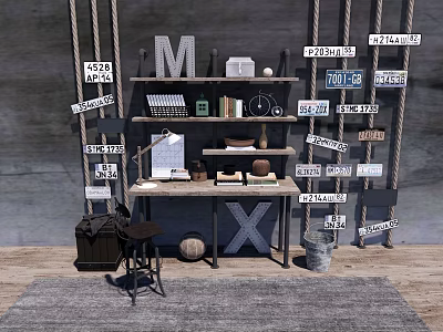 Industrial Rustic Wooden Desk with Metal Shelves Lamp Clock and Storage 3d model