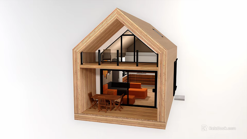 Two Story Wooden House With Large Windows And Interior Living Furniture 3d model 