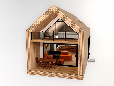 Two Story Wooden House With Large Windows And Interior Living Furniture 3d model