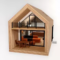 Two Story Wooden House With Large Windows And Interior Living Furniture