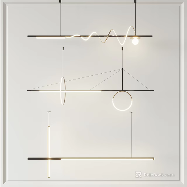 Modern Pendant Lights Featuring Geometric Circular Rings And Linear Metal Frames 3d model